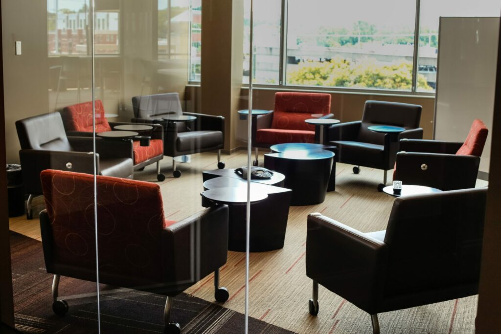 A room arranged with couches in a circle