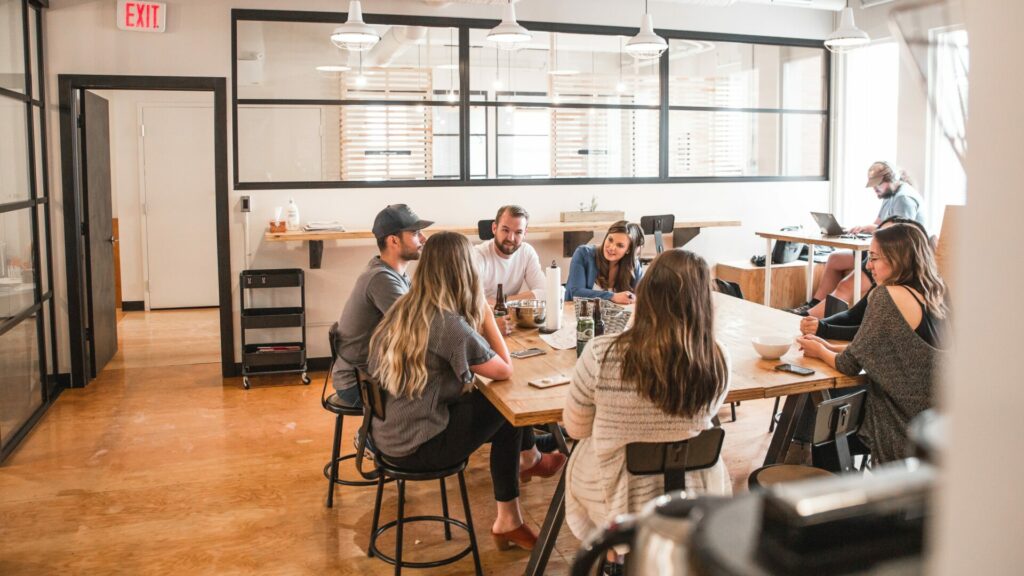 A group of colleagues around an office table