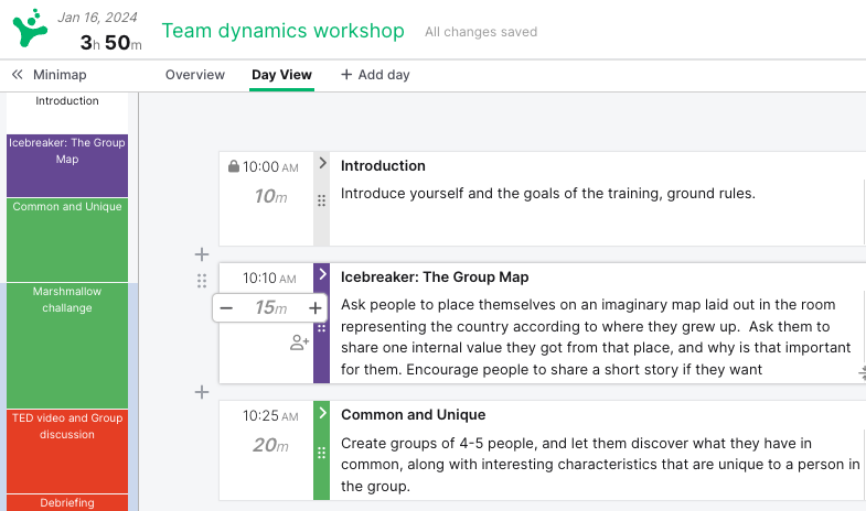 Screenshot of SessionLab's timing adjustment feature.